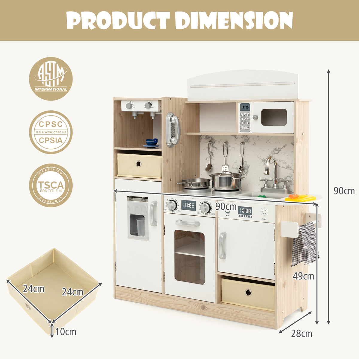 The play kitchen set with dimensions shown