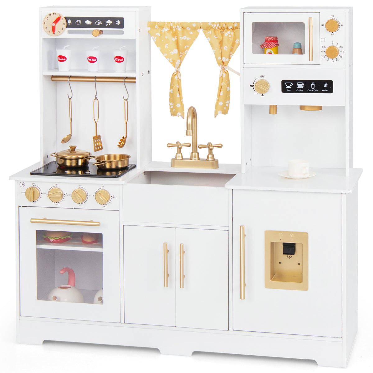 The play kitchen set shown from a slight angle to highlight the white finish and golden details