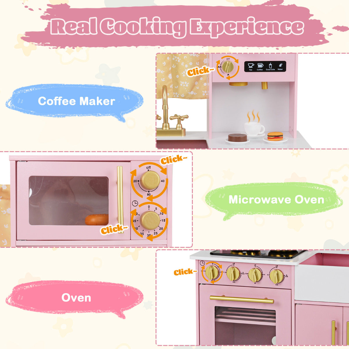 The play kitchen set showing the coffee maker, microwave oven and stove top features