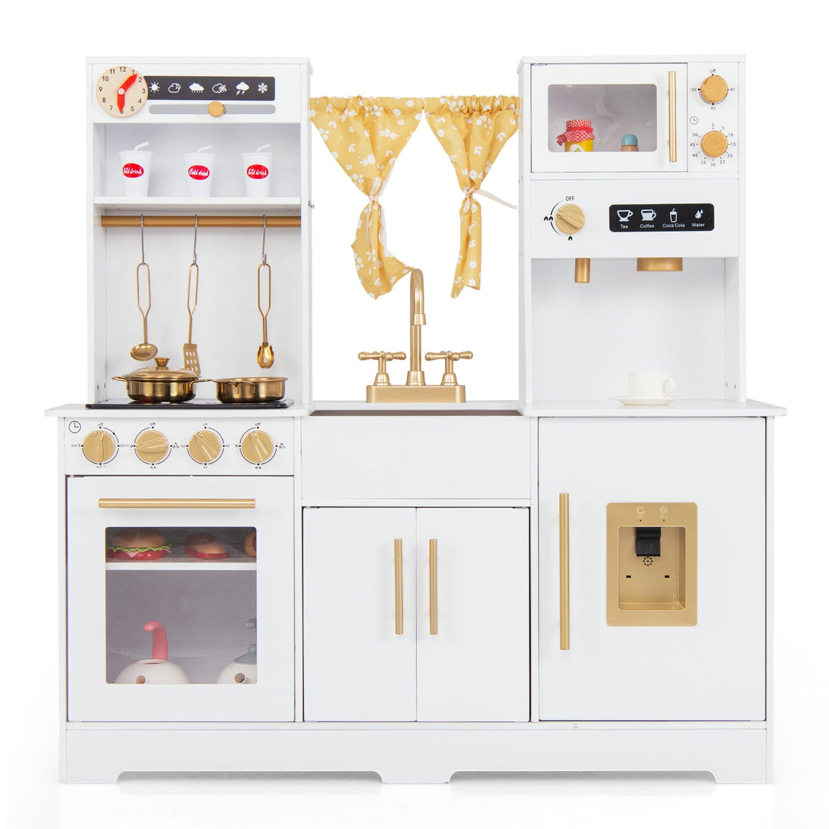 Kids Kitchen Playset with golden utensils, stove top, and coffee maker on a plain white background