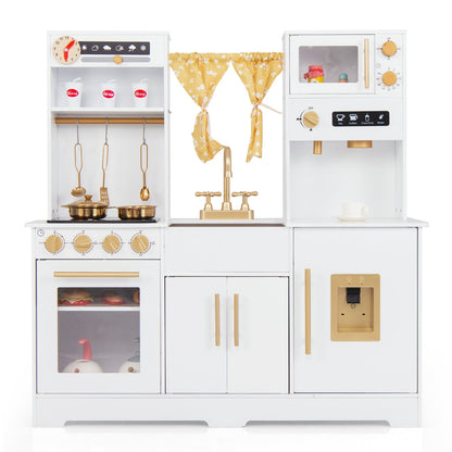 Kids Kitchen Playset with golden utensils, stove top, and coffee maker on a plain white background