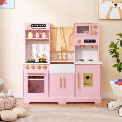 The play kitchen set placed in a bright room with a rug and decorative wall art nearby