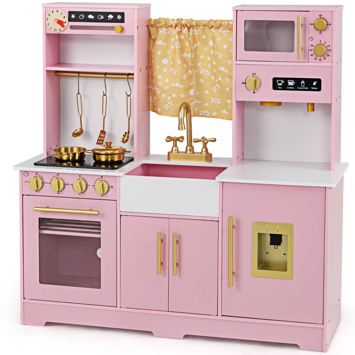 Kids Kitchen Playset with golden utensils, stove top, coffee maker and sink in a pink finish