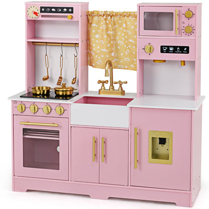 Kids Kitchen Playset with golden utensils, stove top, coffee maker and sink in a pink finish