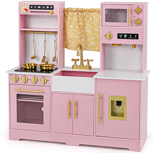 Kids Kitchen Playset with golden utensils, stove top, coffee maker and sink in a pink finish