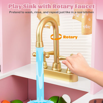 A close-up of the golden rotary faucet and sink area with a hand turning the handle