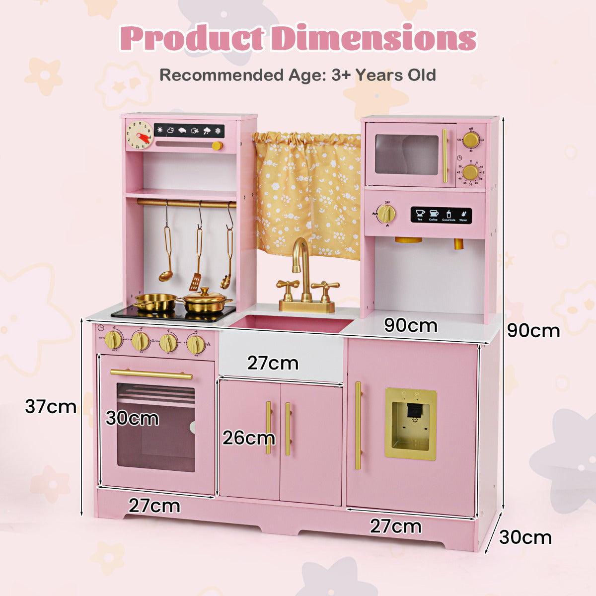 The play kitchen set shown with various labels indicating its dimensions in centimetres