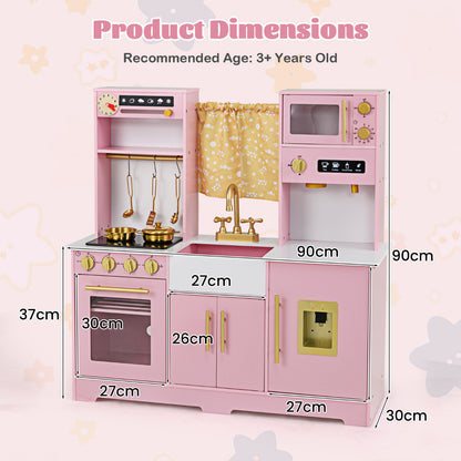 The play kitchen set shown with various labels indicating its dimensions in centimetres
