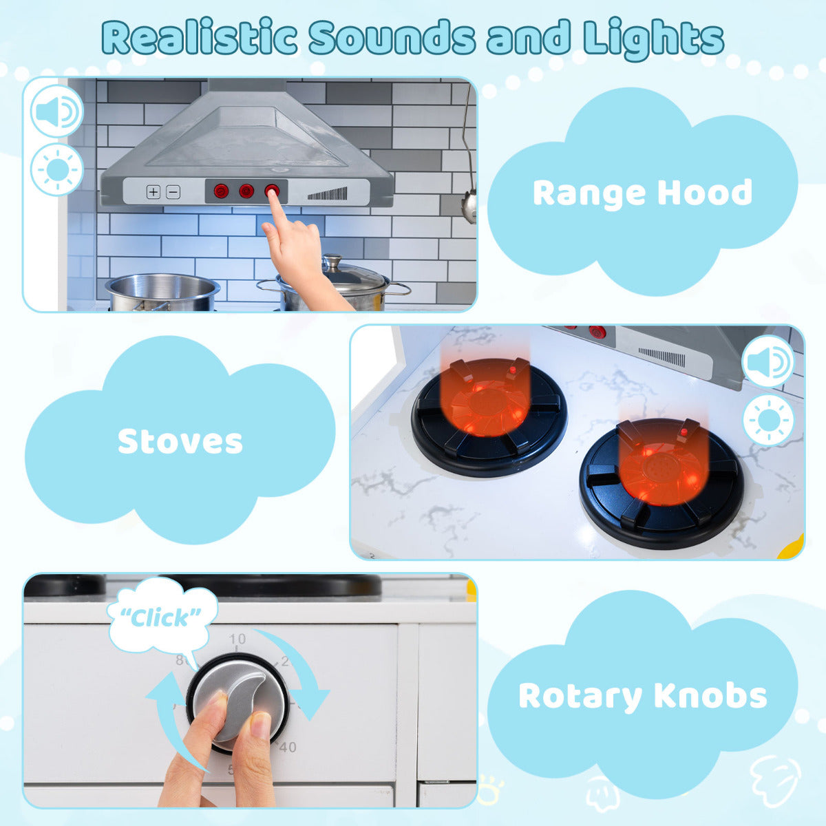Close up of the realistic sounds and lights features of the toy kitchen, including stoves and rotary knobs