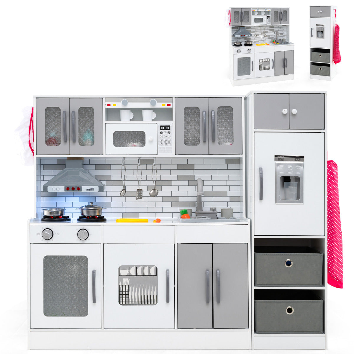 A grey and white toy kitchen with a child standing to the right, showing the full unit