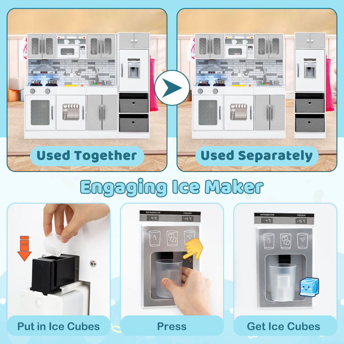 How to use the engaging ice maker on the toy kitchen, showing putting in ice cubes and getting ice cubes