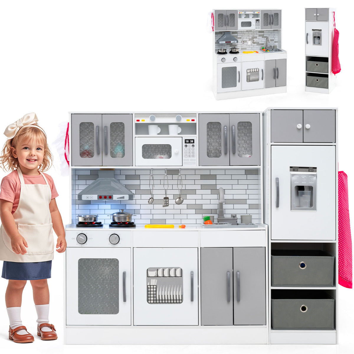 Kids Kitchen Playset with Lights and Sounds, a grey and white toy kitchen with a child standing to the left
