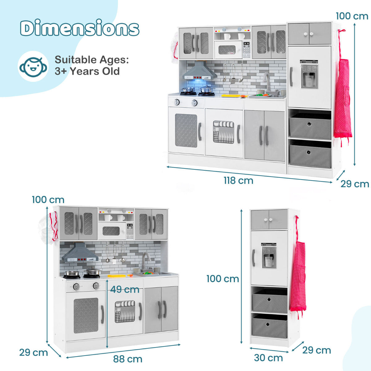 Dimensions of the grey toy kitchen set, showing height, width and depth measurements