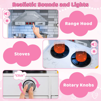 Close up of the pink and white play kitchen's range hood, stoves and rotary knobs