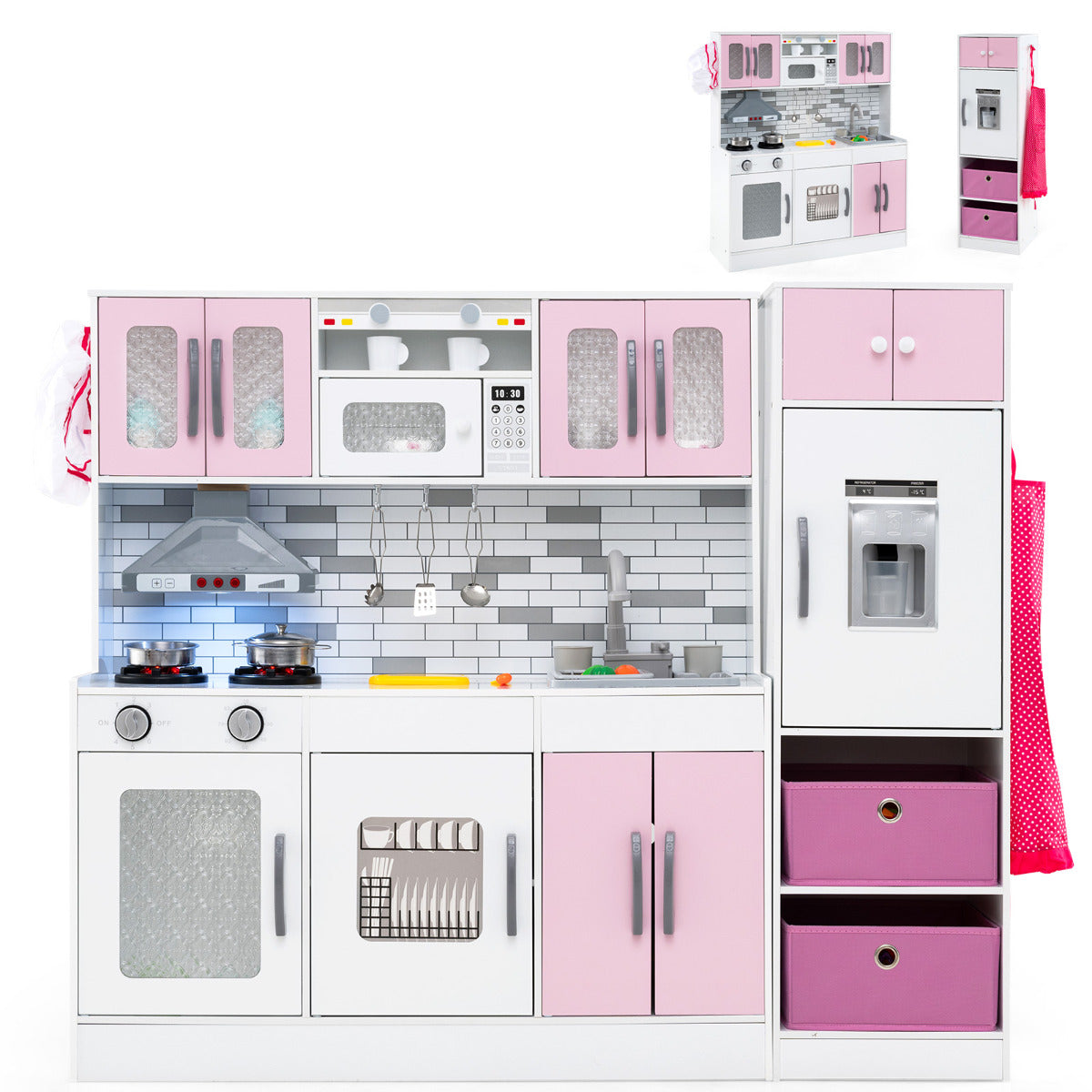 Pink and white toy kitchen set with a fridge, oven, microwave and sink