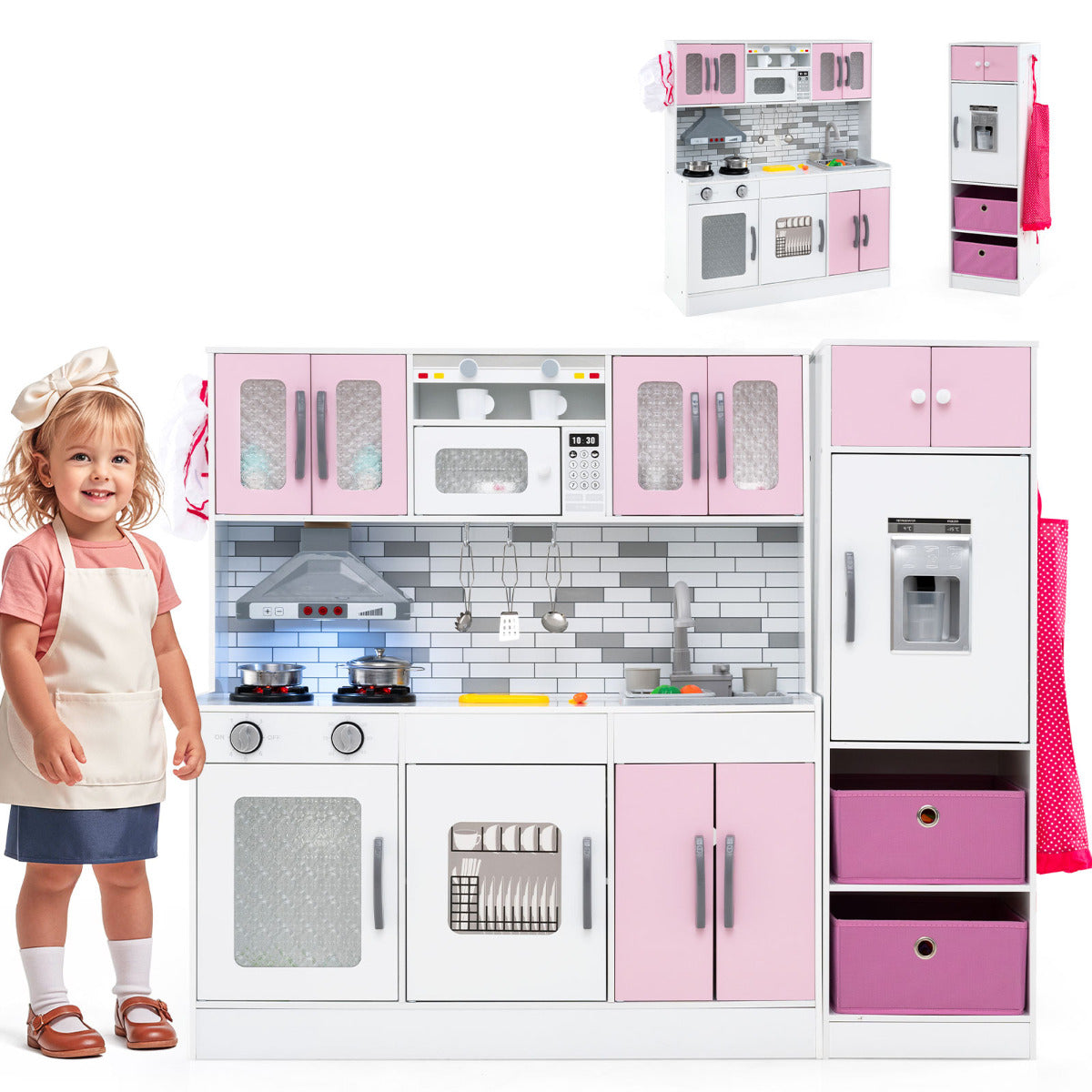 Kids Kitchen Playset with Lights and Sounds, a pink and white toy kitchen with a child standing to the left