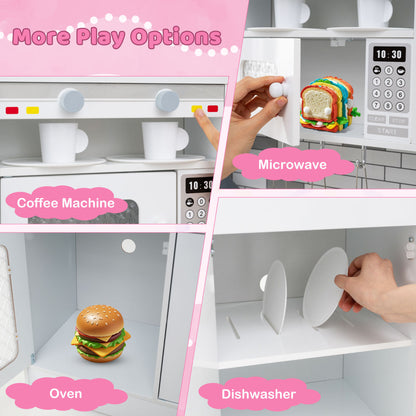 Play options for the pink and white toy kitchen, including coffee machine, microwave, oven and dishwasher