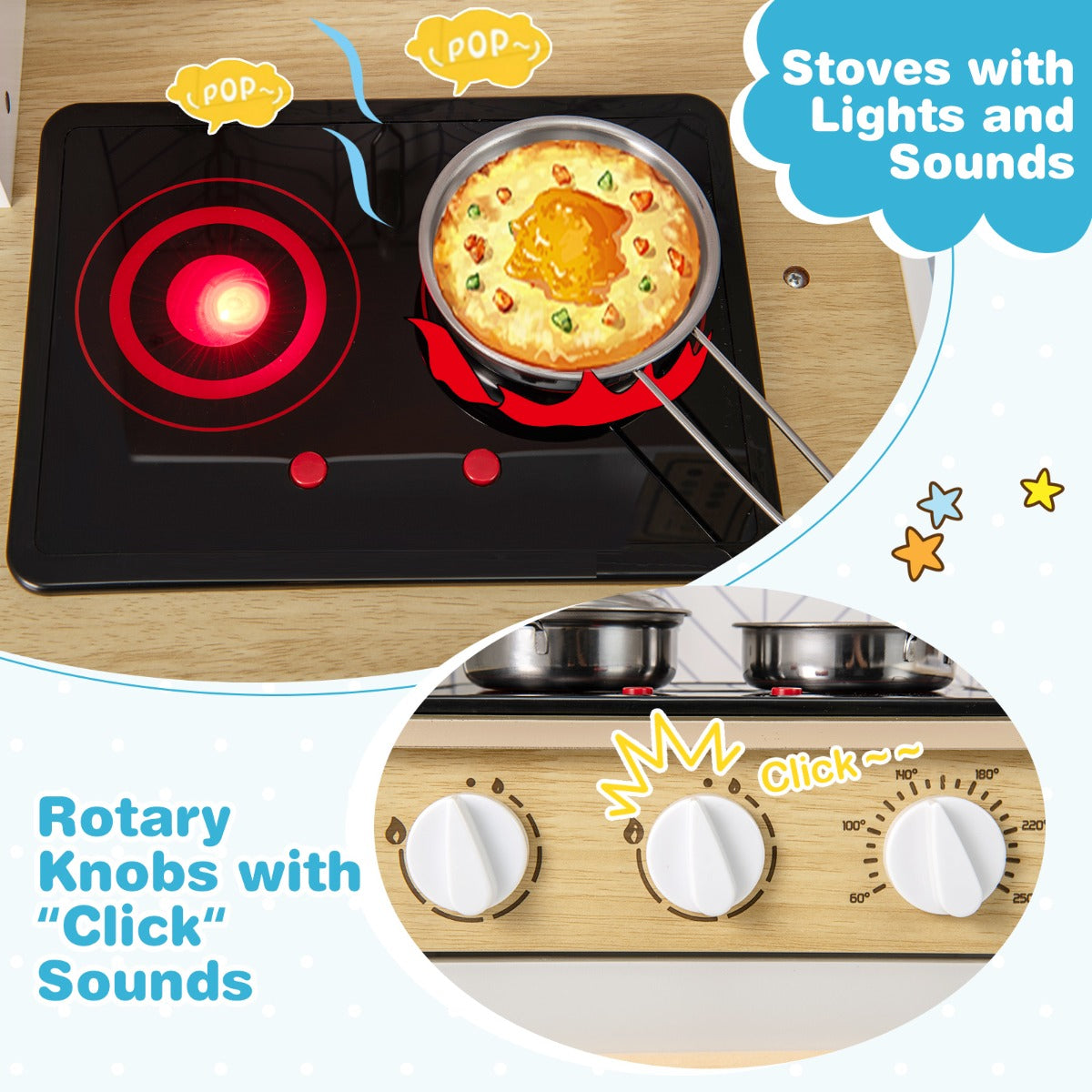 Close up of the stove burners with lights and oven knobs