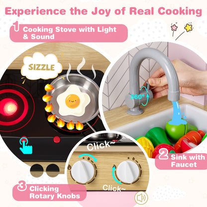 The play kitchen set features showing the light up stove, rotating faucet and clicking knobs