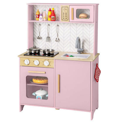 Kids Kitchen Playset in pink with stove, oven, sink, microwave and assorted play food accessories