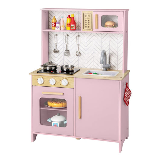 Kids Kitchen Playset in pink with stove, oven, sink, microwave and assorted play food accessories