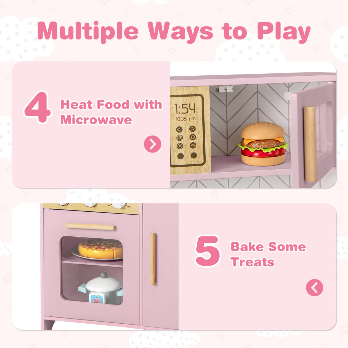 The play kitchen set showing the microwave and oven doors open with play food inside