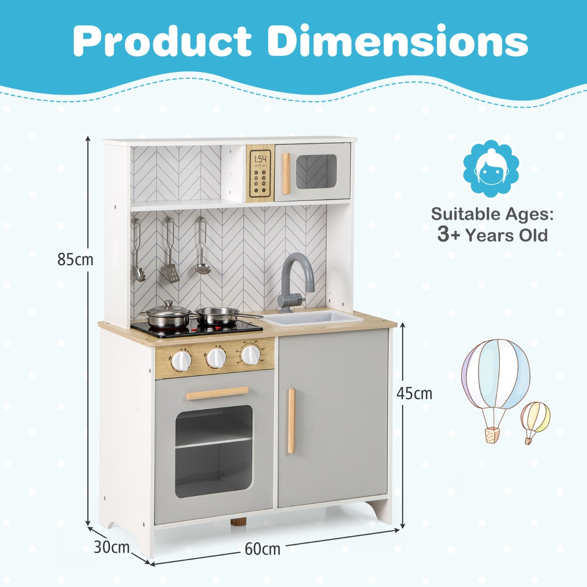 Product dimensions diagram for the white kitchen playset