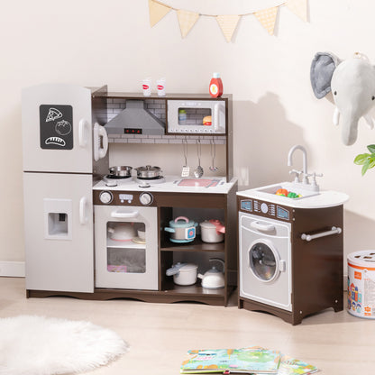 The play kitchen set with fridge, oven, hob, microwave and washing machine in a room with decorations