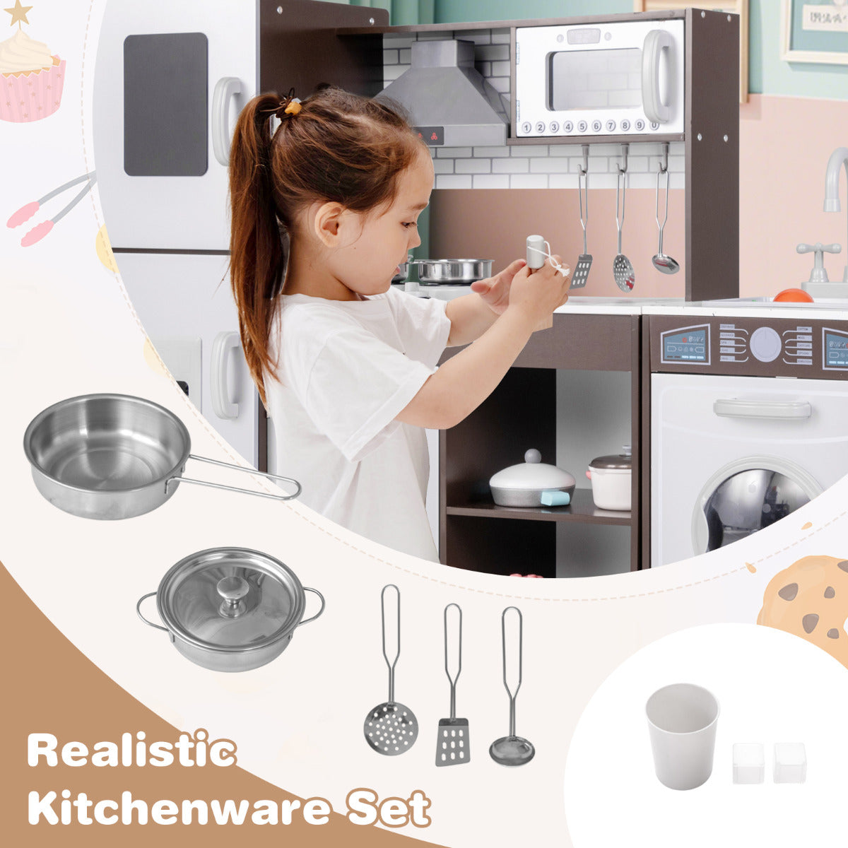 Close-up of the realistic kitchenware set included with the play kitchen