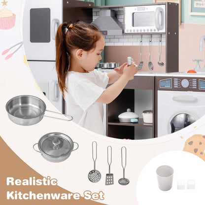 Close-up of the realistic kitchenware set included with the play kitchen