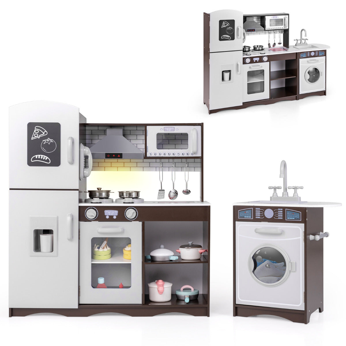 Kids Kitchen Playset with Realistic Lights and Sounds showing the fridge, oven, hob, microwave and washing machine units