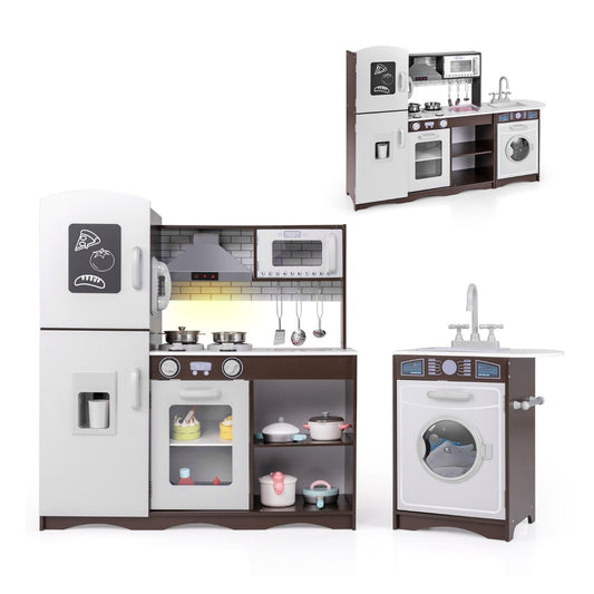 Kids Kitchen Playset with Realistic Lights and Sounds showing the fridge, oven, hob, microwave and washing machine units
