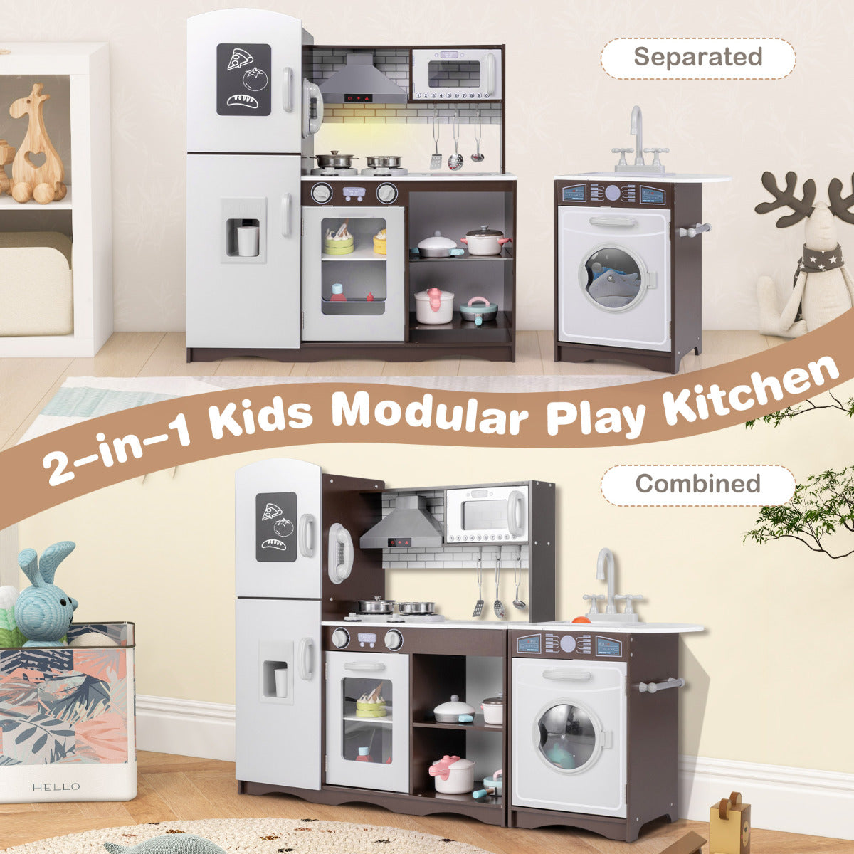The modular play kitchen shown in separated and combined configurations