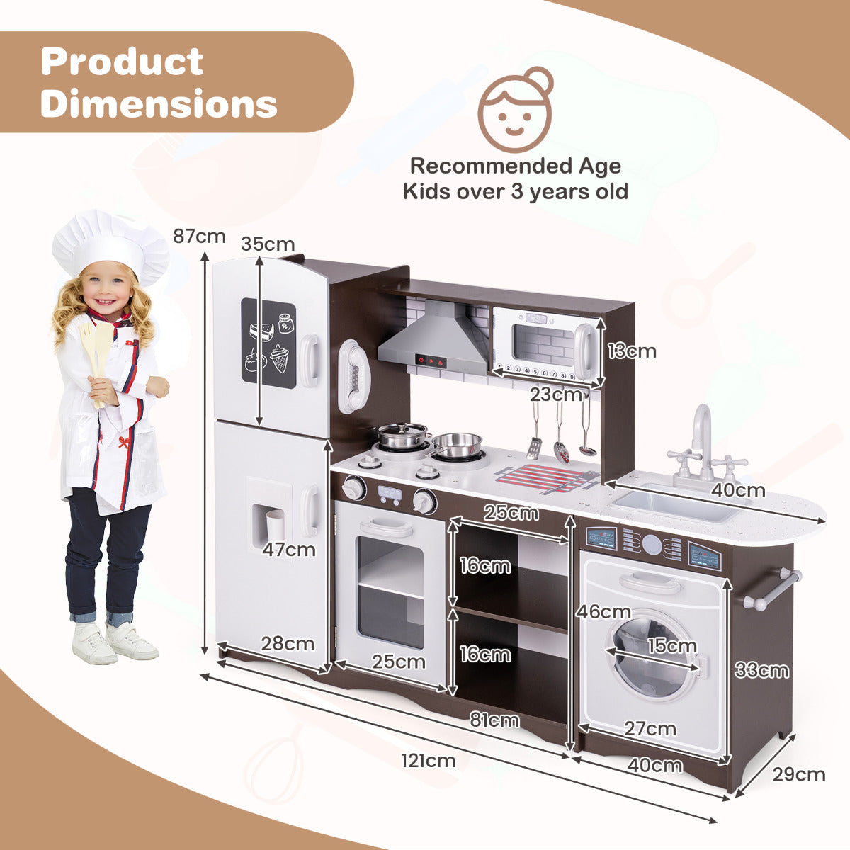 Size diagram for the kids kitchen playset showing dimensions and recommended age