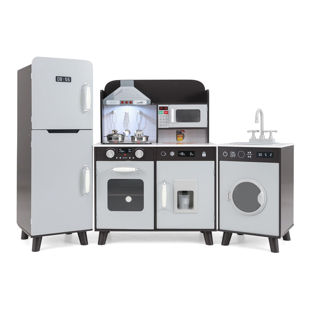 Kids Kitchen Playset with Refrigerator and Washing Machine, a brown toy kitchen with oven, hob, sink and fridge