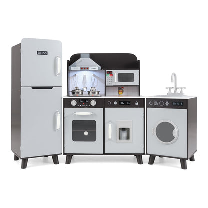 Kids Kitchen Playset with Refrigerator and Washing Machine, a brown toy kitchen with oven, hob, sink and fridge