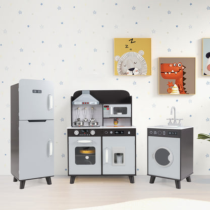 The brown toy kitchen set with refrigerator and washing machine displayed in a nursery with animal pictures
