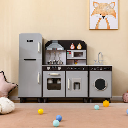 The brown toy kitchen set with refrigerator and washing machine in a child's room with toys