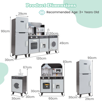 Product dimensions diagram for the brown wooden play kitchen set with refrigerator and washing machine