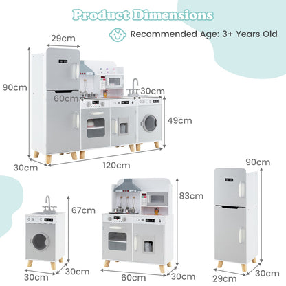 Product dimensions diagram for the grey play kitchen set, showing measurements for each section