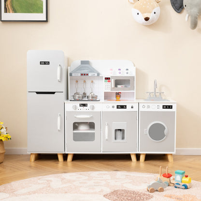 The grey play kitchen set with refrigerator and washing machine shown in a child's bedroom