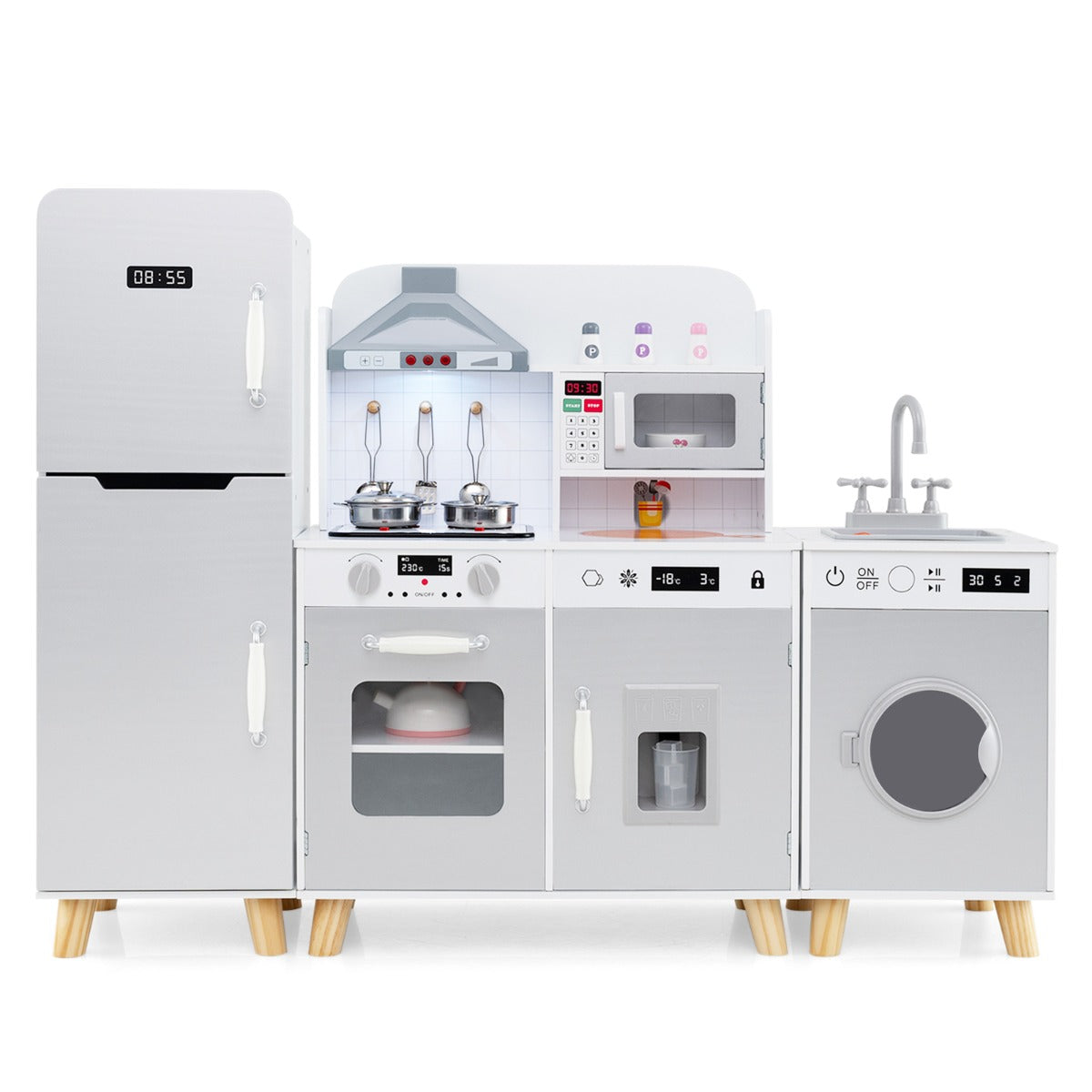 Kids Kitchen Playset with Refrigerator and Washing Machine in grey, a front view of the whole unit