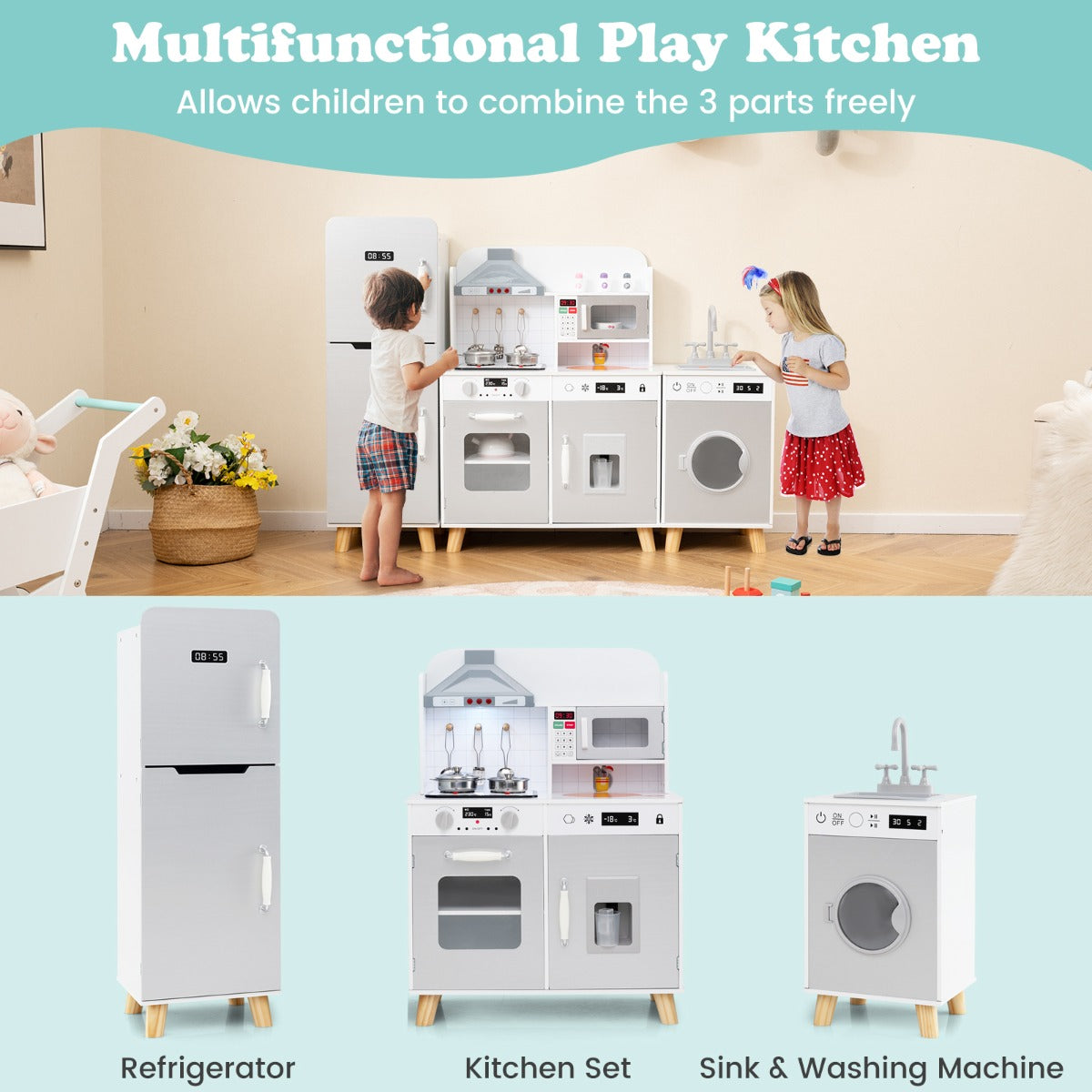 The grey play kitchen set with refrigerator and washing machine shown as three separate units