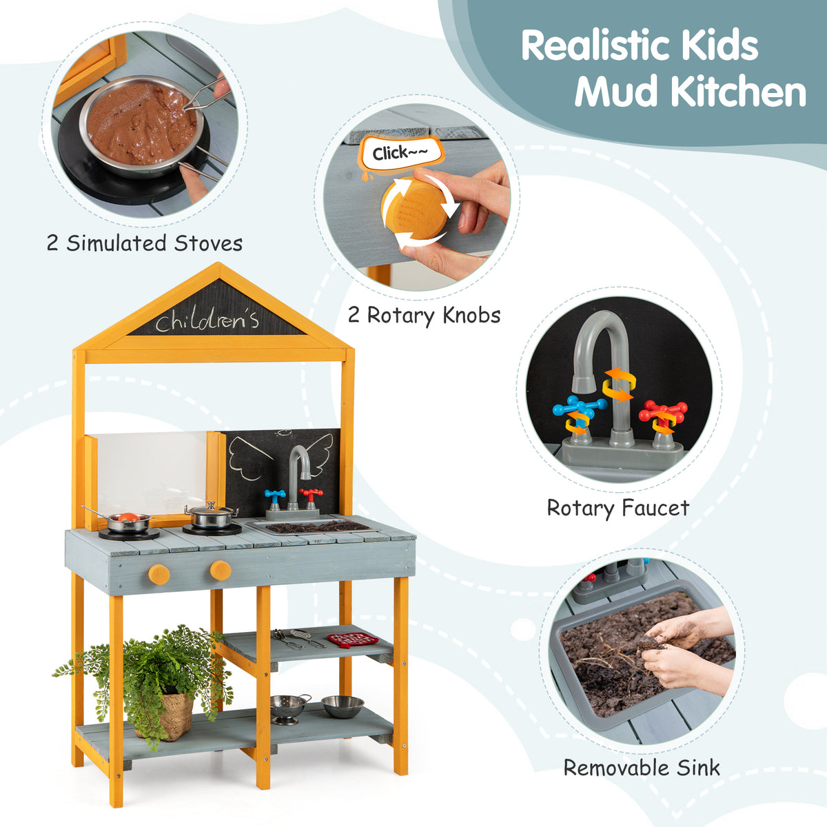 Close up views of the features of the blue and yellow kids play kitchen