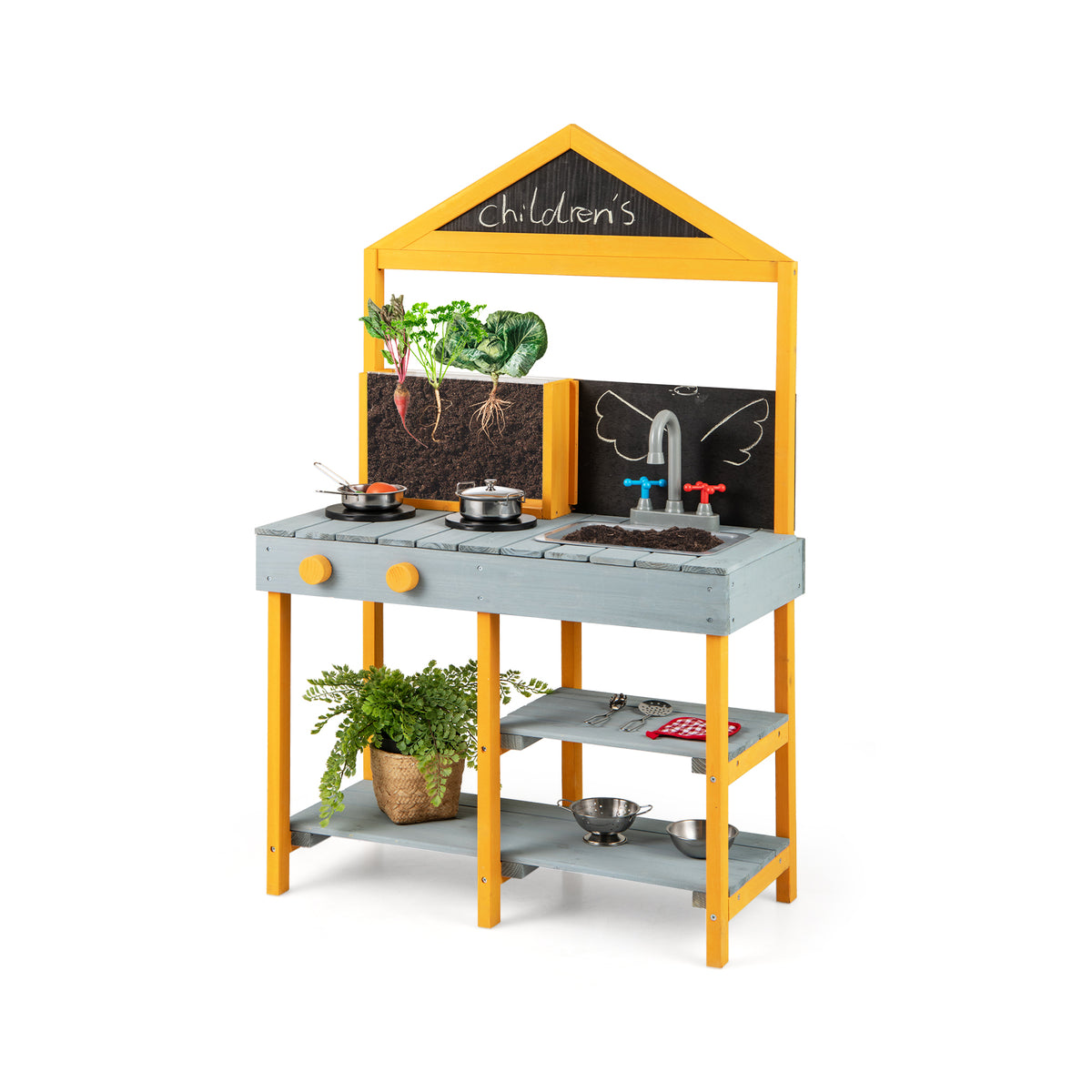 Kids Kitchen Playset with Root Viewer Planter Rotatable Faucet in blue and yellow with a planter showing roots