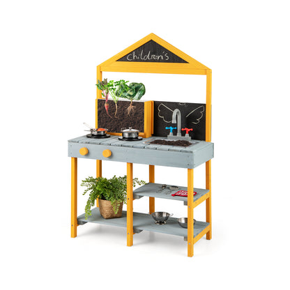 Kids Kitchen Playset with Root Viewer Planter Rotatable Faucet in blue and yellow with a planter showing roots