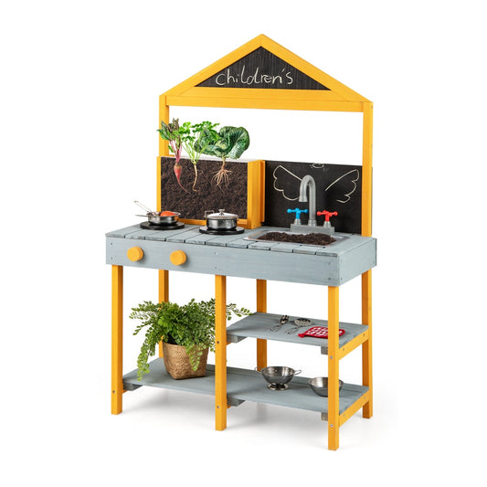 Kids Kitchen Playset with Root Viewer Planter Rotatable Faucet in blue and yellow with a planter showing roots