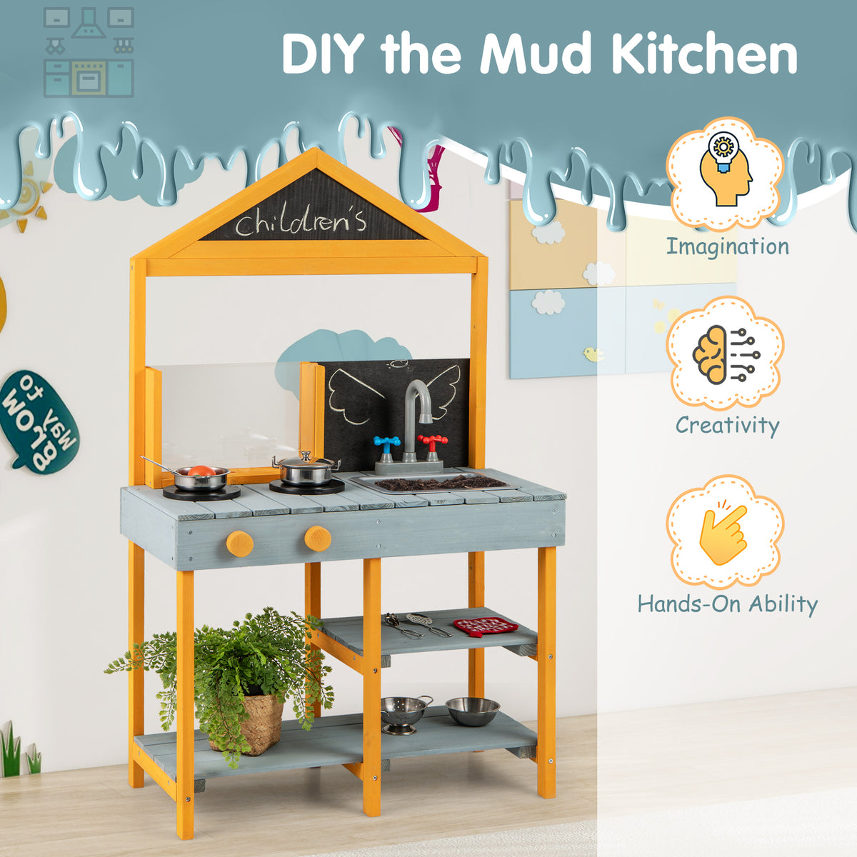 The blue and yellow kids play kitchen set with text about imagination and creativity