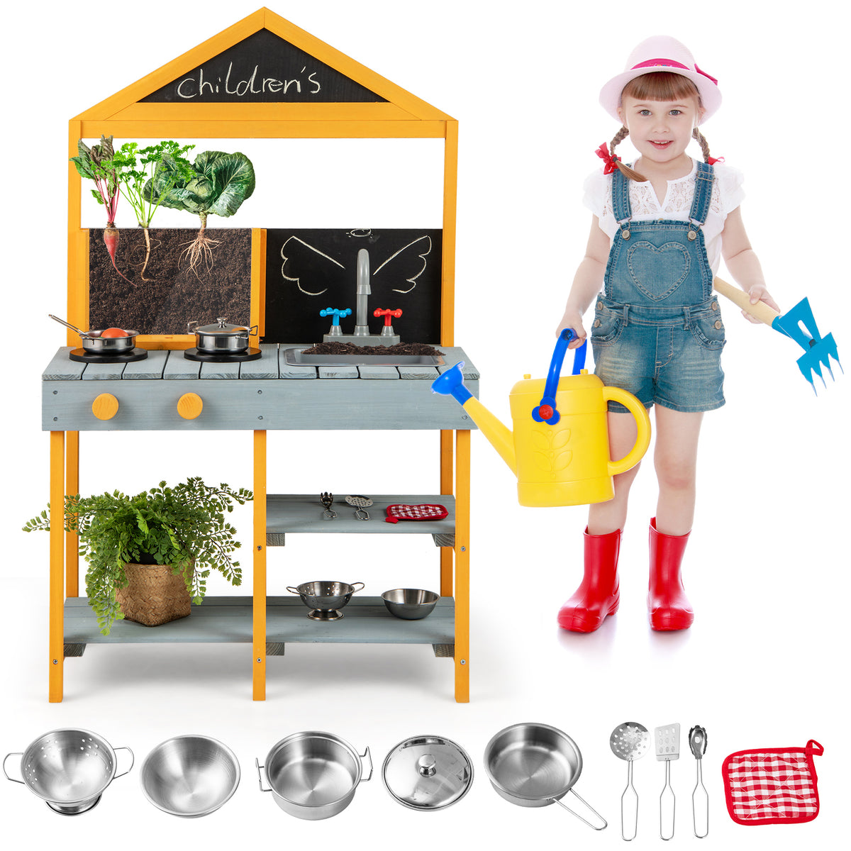 The blue and yellow play kitchen set with accessories and a child