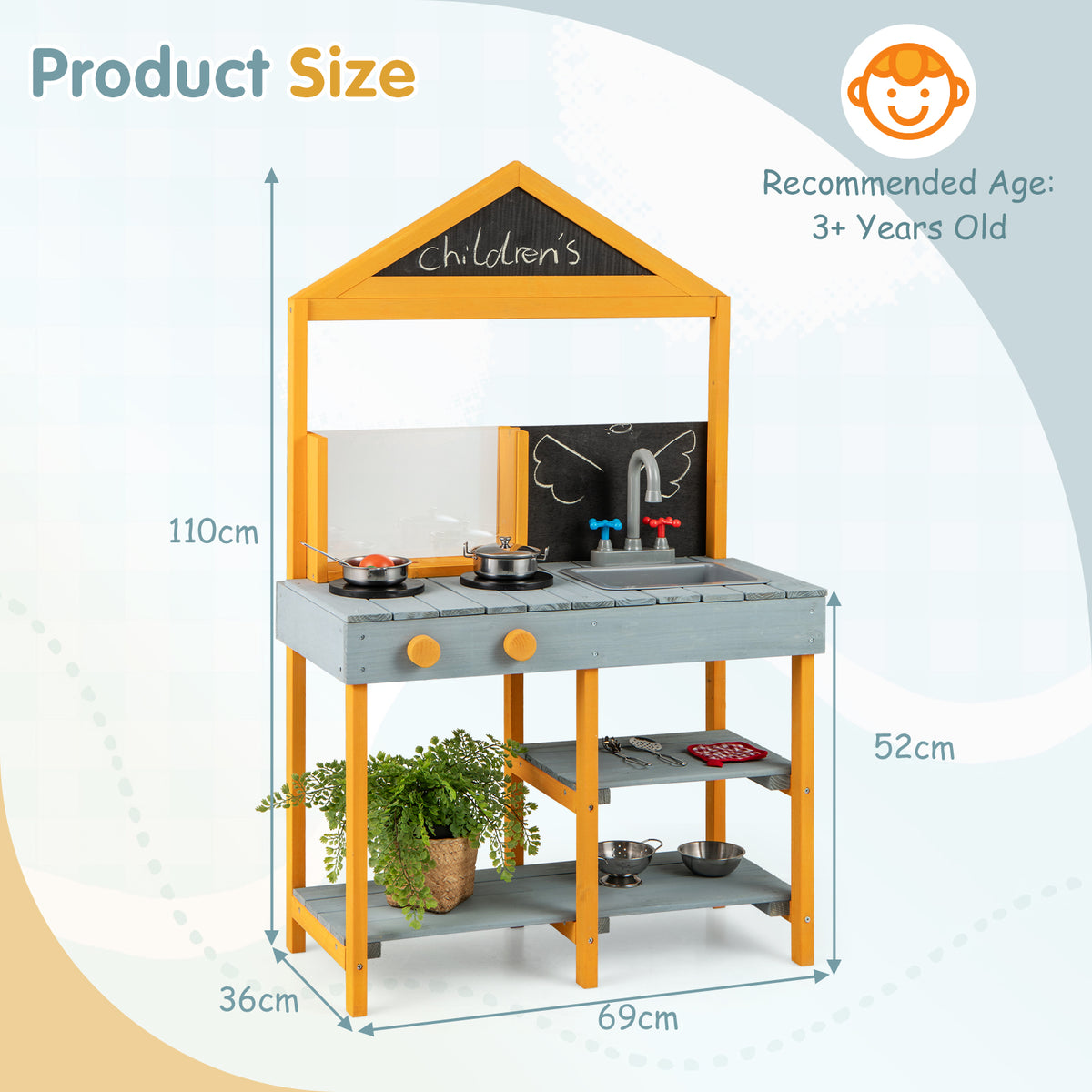 A diagram showing the dimensions of the blue and yellow kids play kitchen
